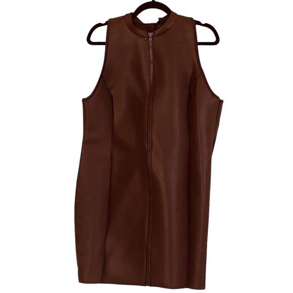 SKIMS Cocoa Brown Rubberized Scuba Swim Mock Neck Zip Front Mini Dress NWT - Picture 6 of 16